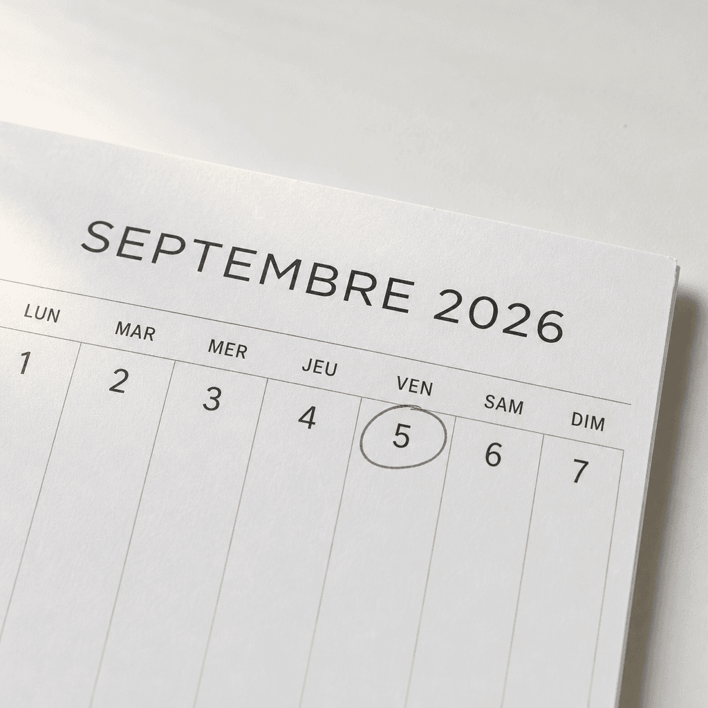Page de calendrier de septembre 2026, le 5 entouré au stylo bleu.